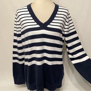 Tommy Hilfiger Navy White Striped V-Neck Long Sleeve Cotton Sweater Size X-Large